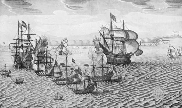 Ilustração mostra navios em conflito no mar