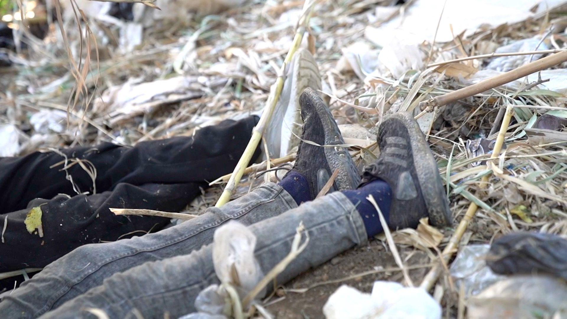 لقطة مقربة لأرجل جسدين مستلقيين على الأرض مع وجود شجيرات حولهما