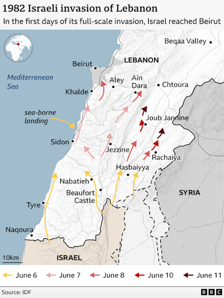 Peta serangan Israel ke Lebanon pada 1982.