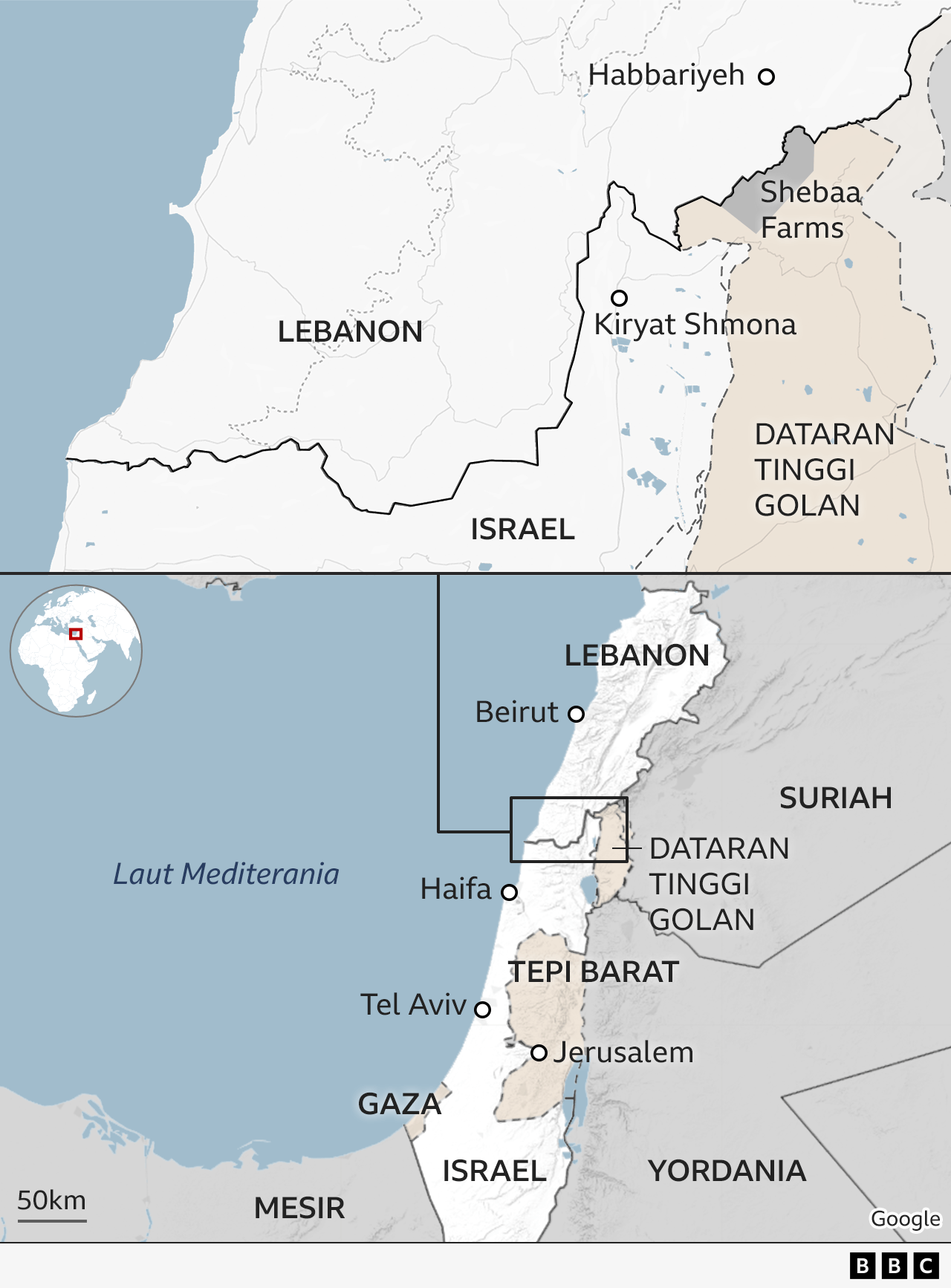 Peta perbatasan Lebanon dan Israel 