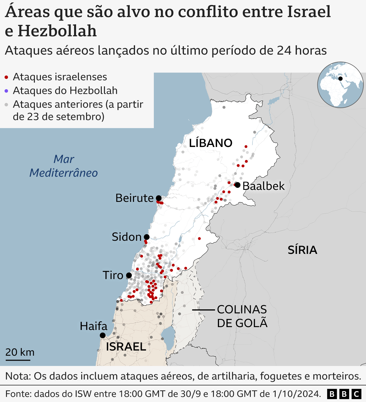 Mapa mostrando ataques aéreos lançados contra o Líbano e Israel entre 30 de setembro e 1º de outubro.