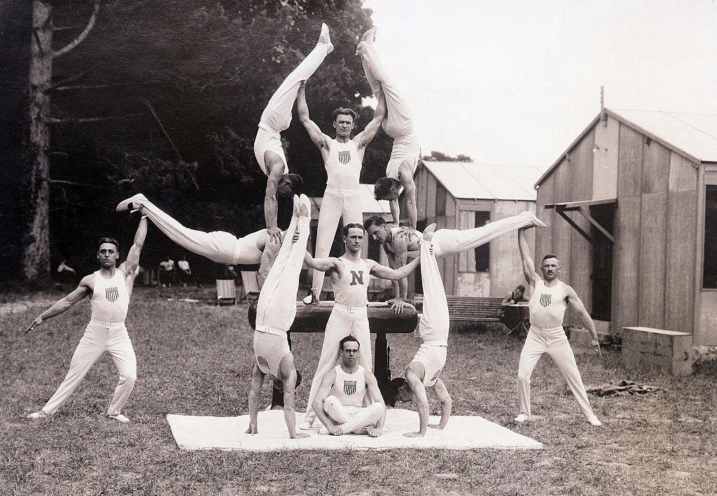 American athletes do practice stunts at the 1924 Paris Olympics 