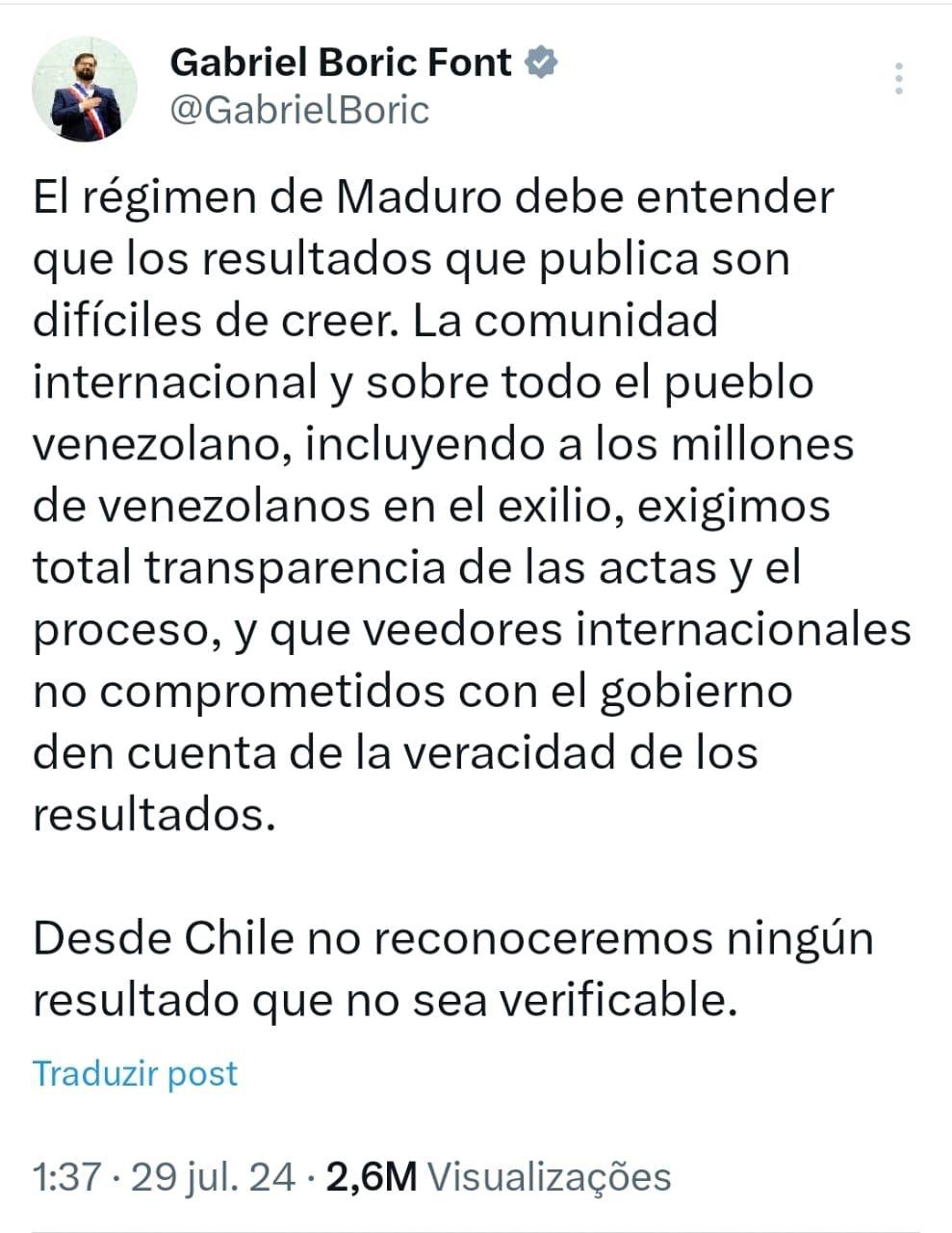 Postagem do presidente do Chile