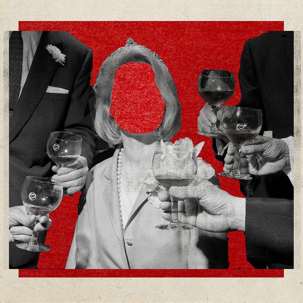 Colagem mostra mulher sem rosto cercada de mãos masculinas segurando taças de bebida alcoólica