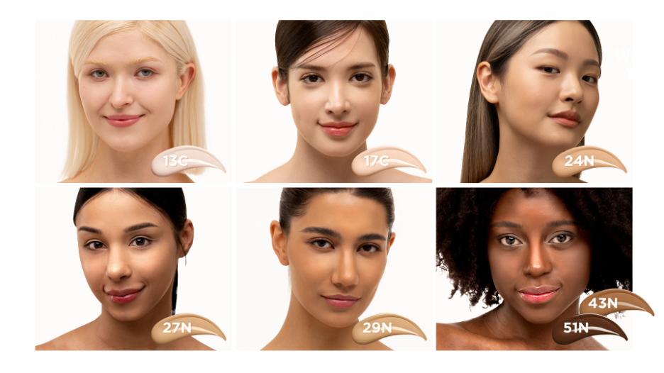 여러 피부색의 모델들이 등장하는 파운데이션 광고