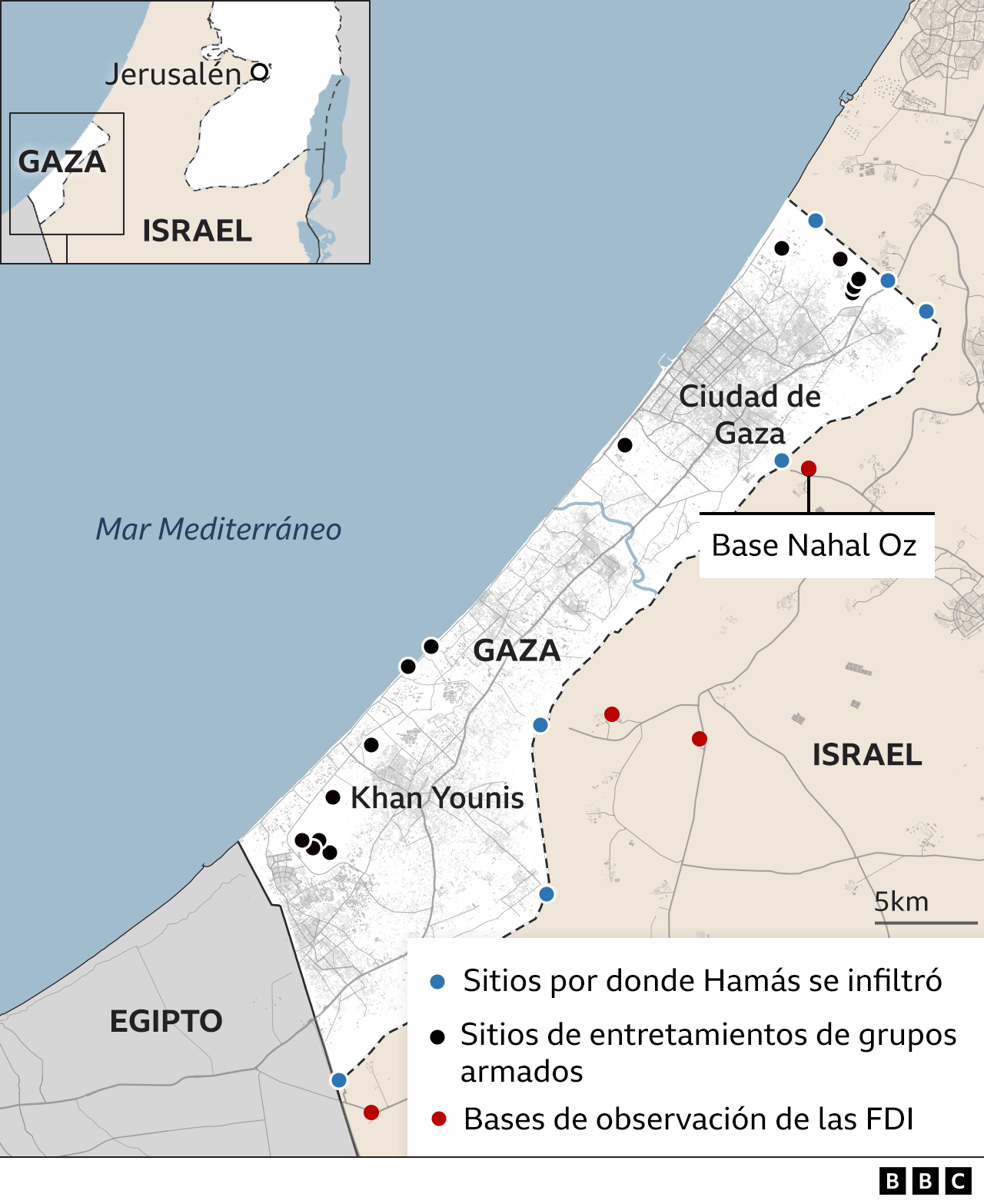 Mapa que muestra los lugares por dónde entraron los milicianos de Hamás a Israel.