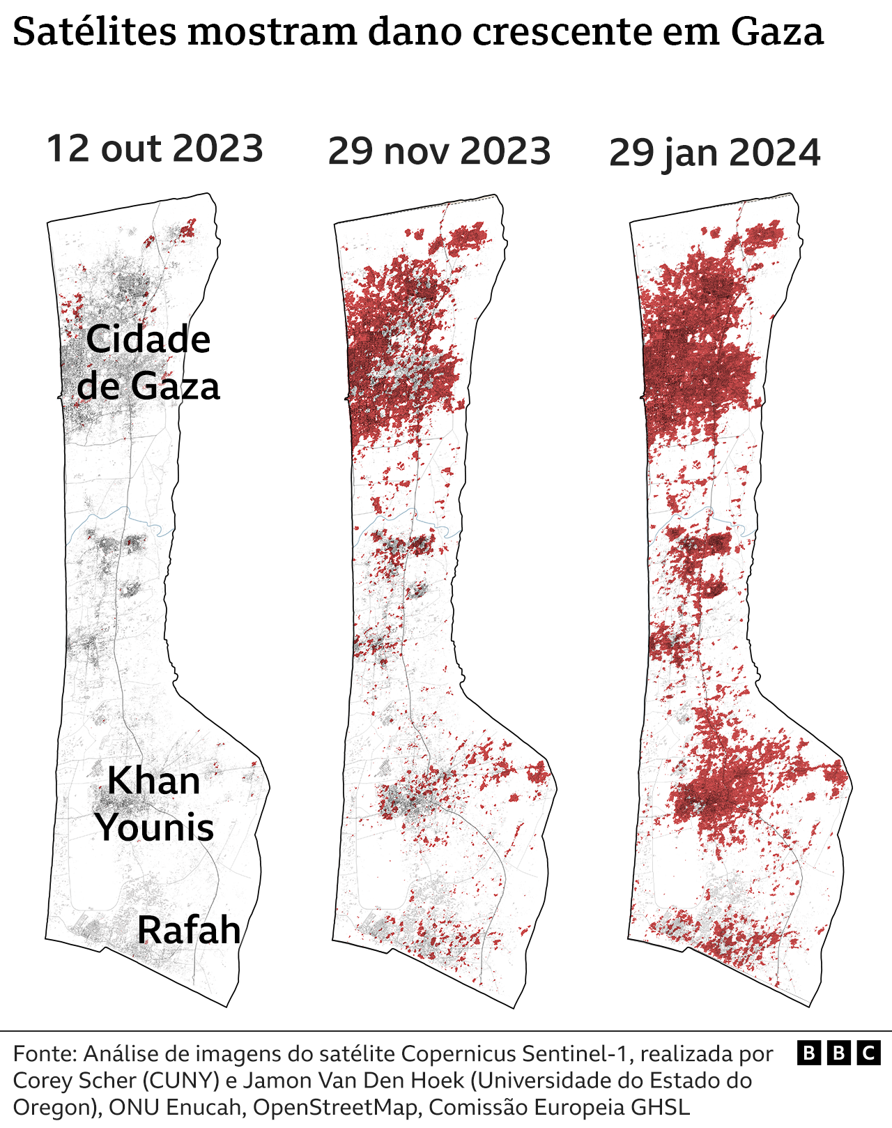 Arte produzida a partir de imagens de satélite mostra o avanço da destruição em Gaza após incursões israelenses 