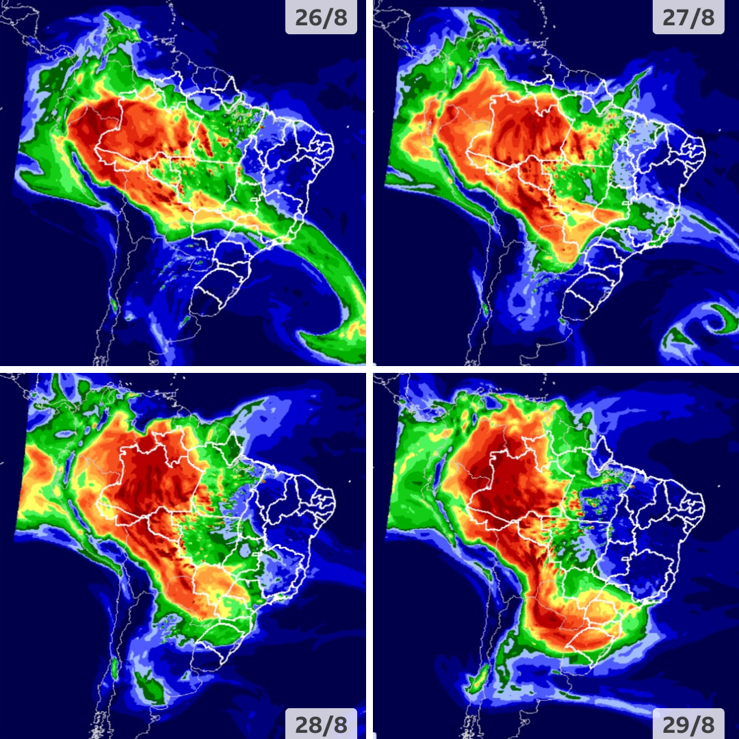 Imagens de satélite mostram projeção da pluma de fumaça entre 26 e 29 de agosto