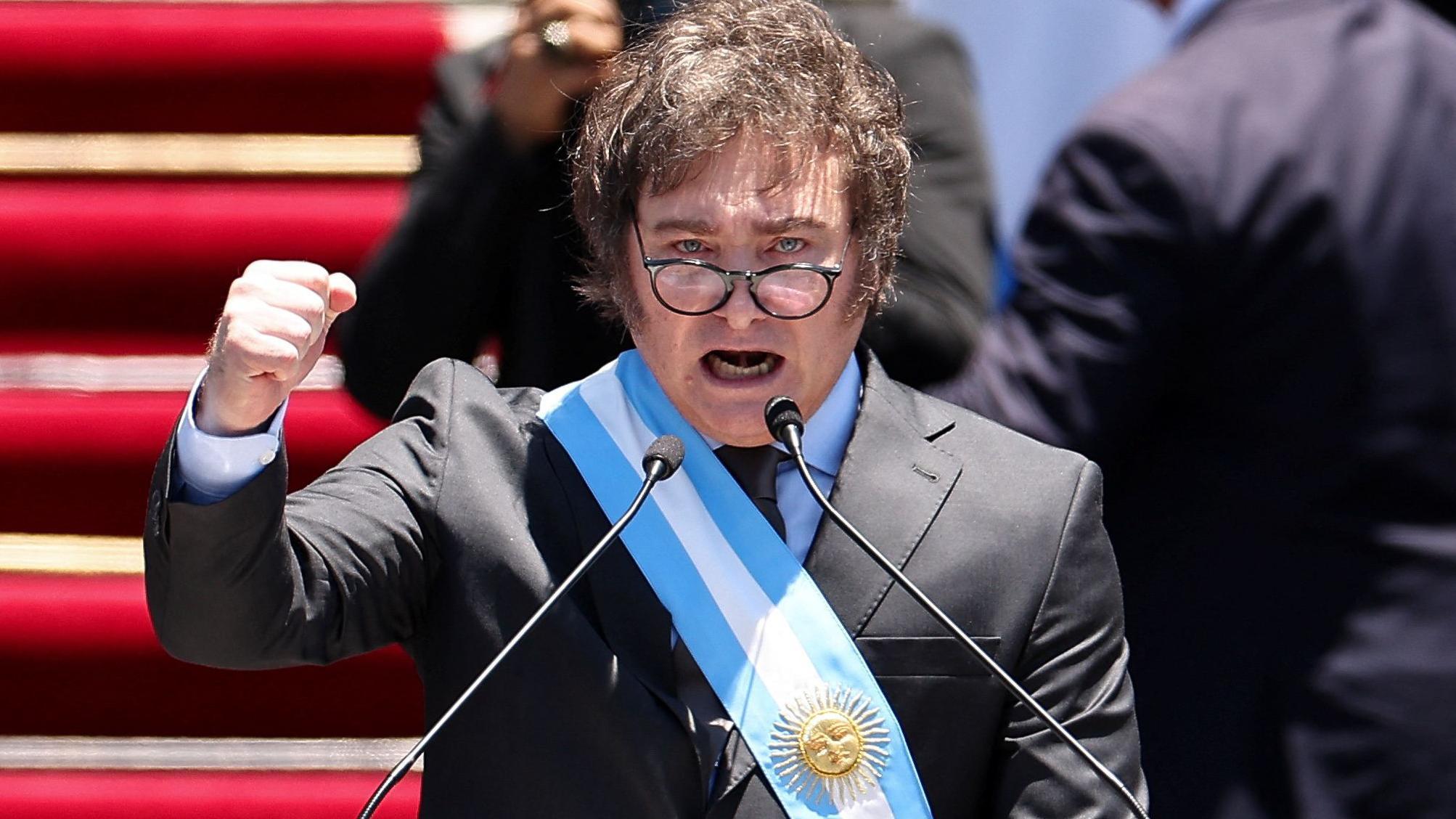 El nuevo presidente de Argentina, Javier Milei, durante su discurso de posesión.