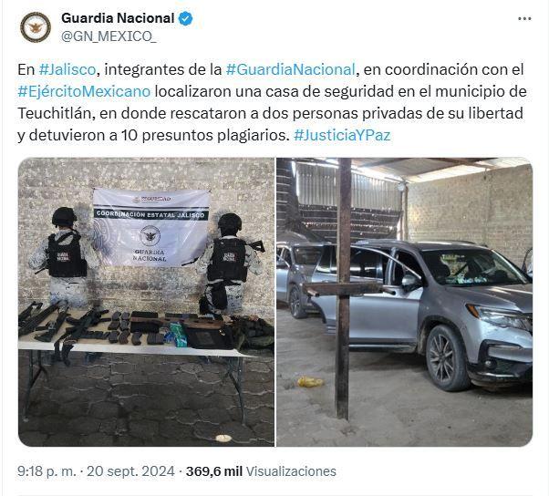 Un mensaje en X de la Guardia Nacional sobre el operativo en el Rancho Izaguirre