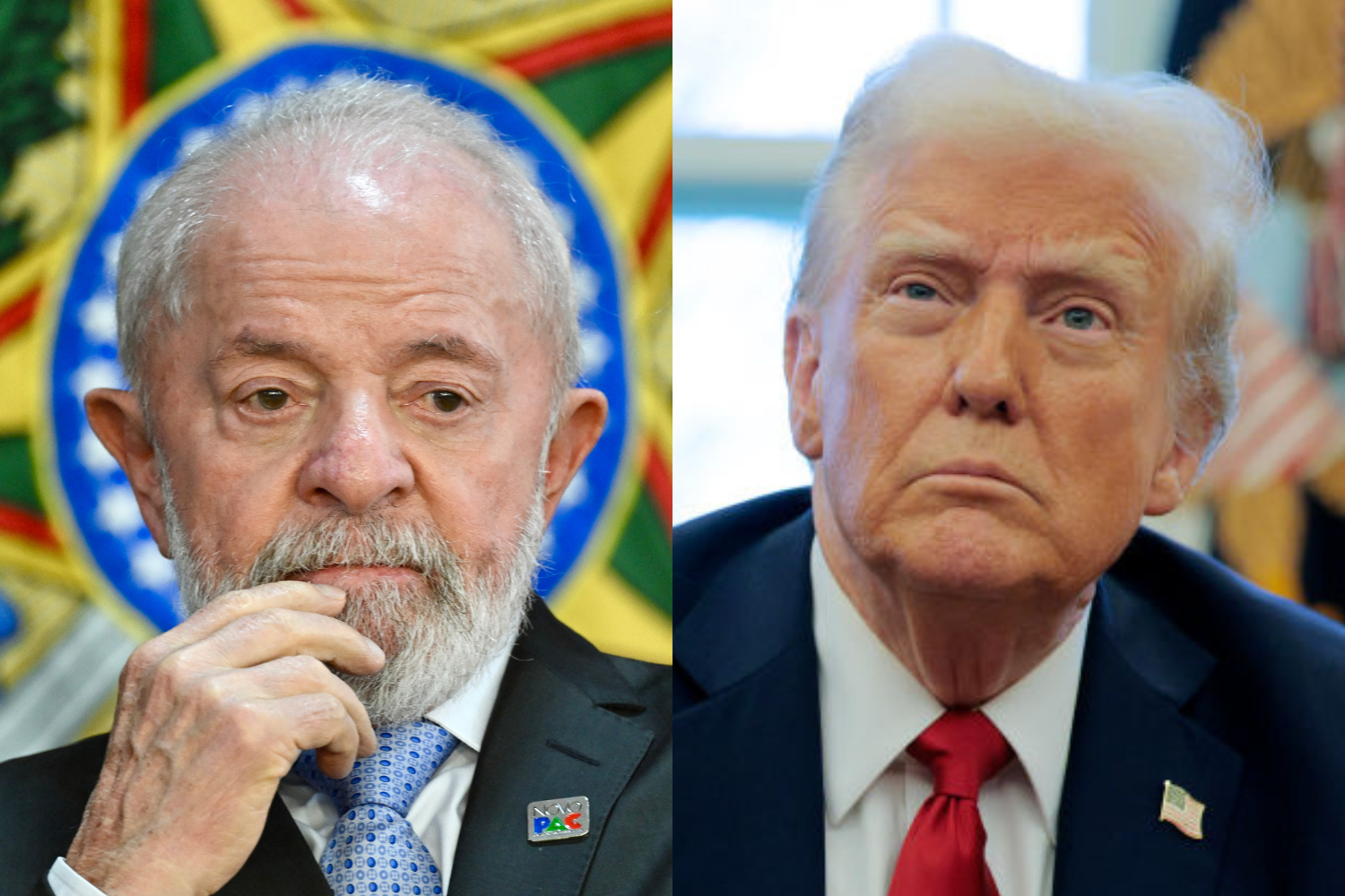 Montagem com fotos de Lula e Donald Trump lado a lado