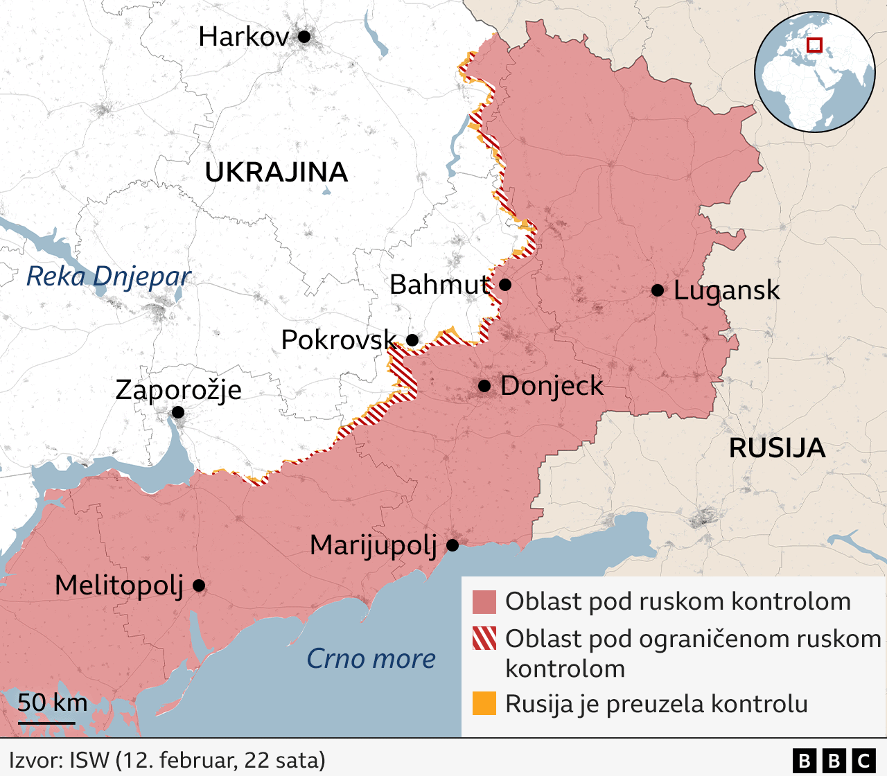 Mapa na kojoj se vide oblasti koja Rusija kontroliše na istorku Ukrajine