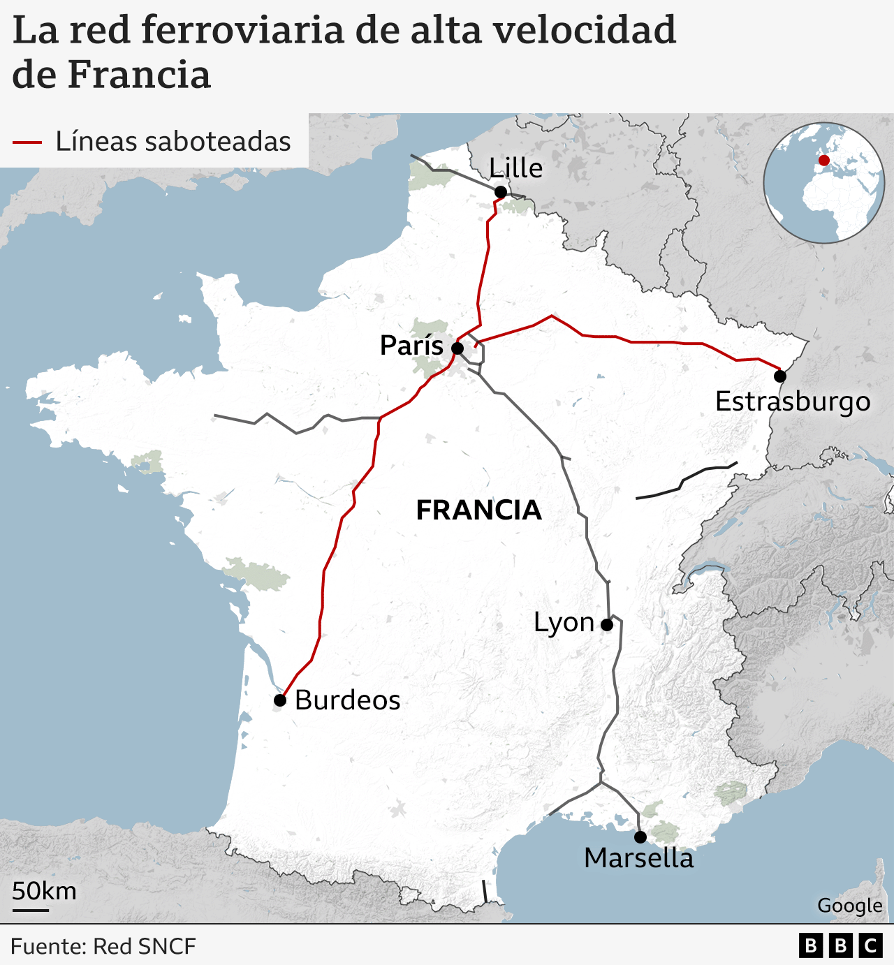 mapa de las líneas de trenes afectados en Francia.