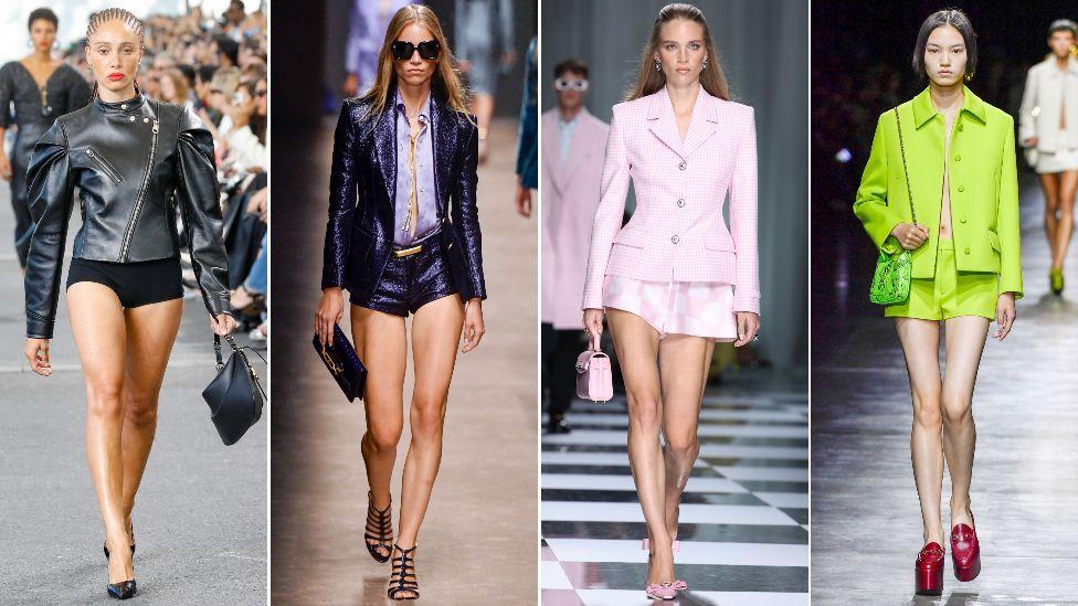De izquierda a derecha: modelos lucen diseños de Chloe, Tom Ford, Versace y Gucci.