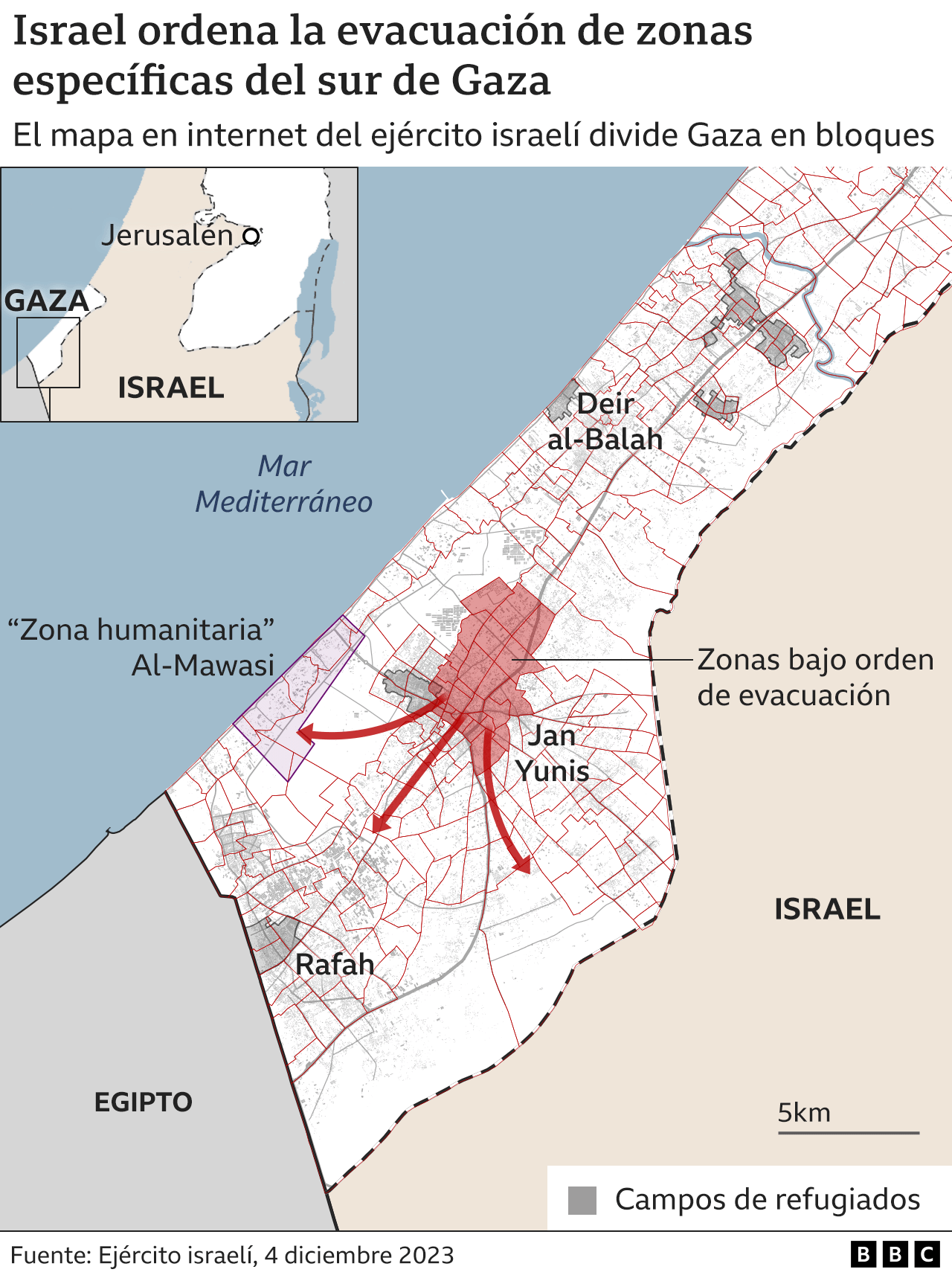 Mapa de evacuación del sur de Gaza.