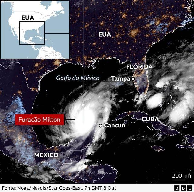 Uma imagem de satélite mostra a posição do furacão Milton no Golfo do México enquanto se dirige para Tampa, na Flórida