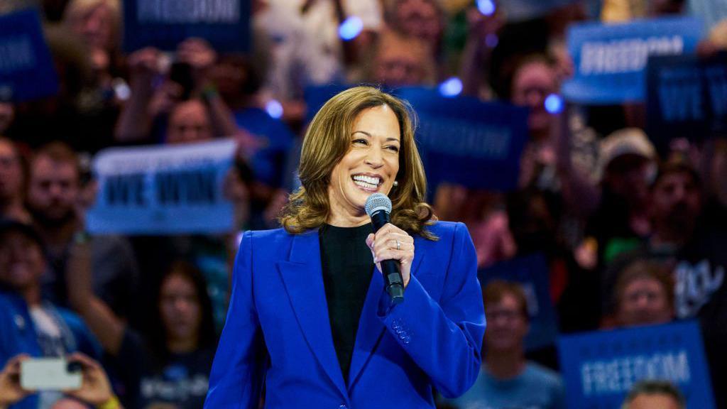 نائبة الرئيس الأمريكي والمرشحة الرسمية عن الحزب الديمقراطي للانتخابات الرئاسية المقبلة، كامالا هاريس، تتحدث خلال فعالية انتخابية بولاية ويسكونسن بالولايات المتحدة الأمريكية، يوم الثلاثاء 20 أغسطس 2024. 