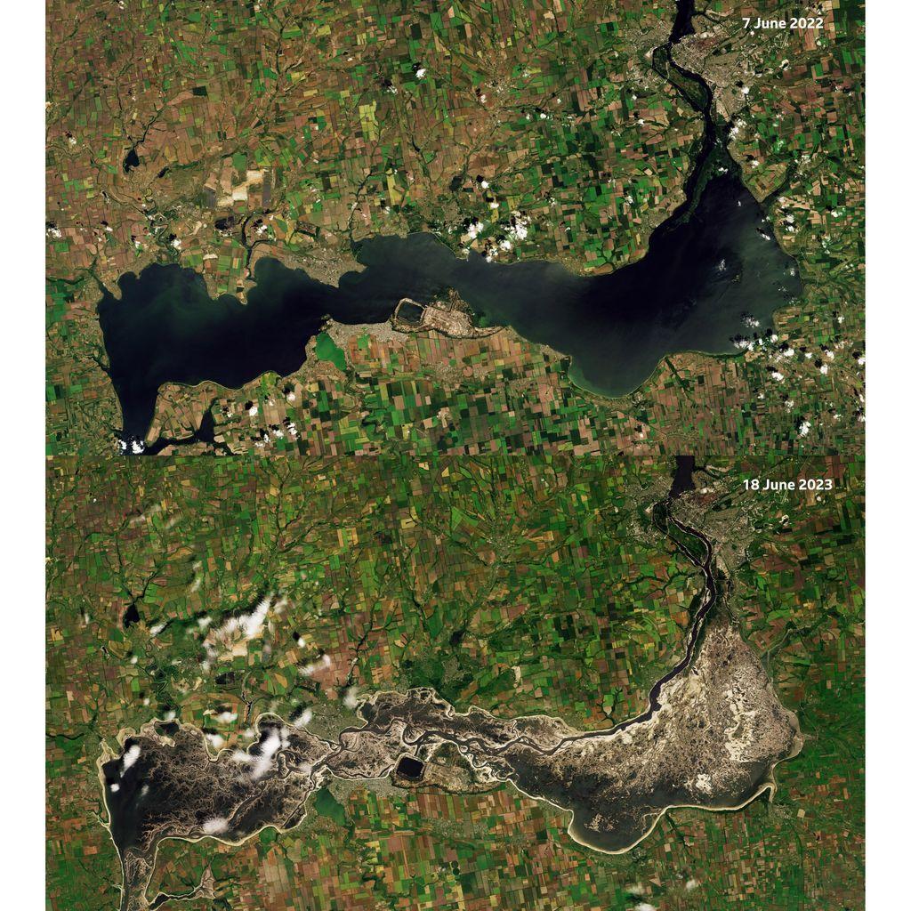 Vista aérea do reservatório de Nova Kajovka, na Ucrânia
