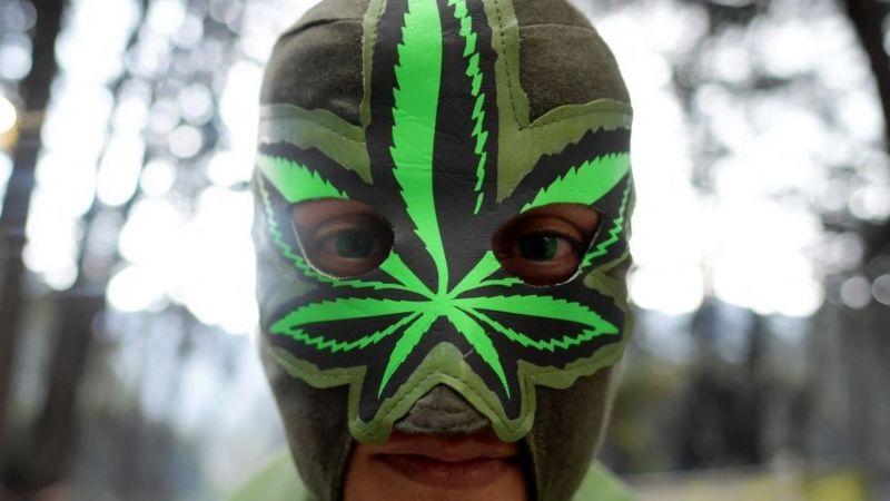 Homem com máscara em forma de folha da maconha