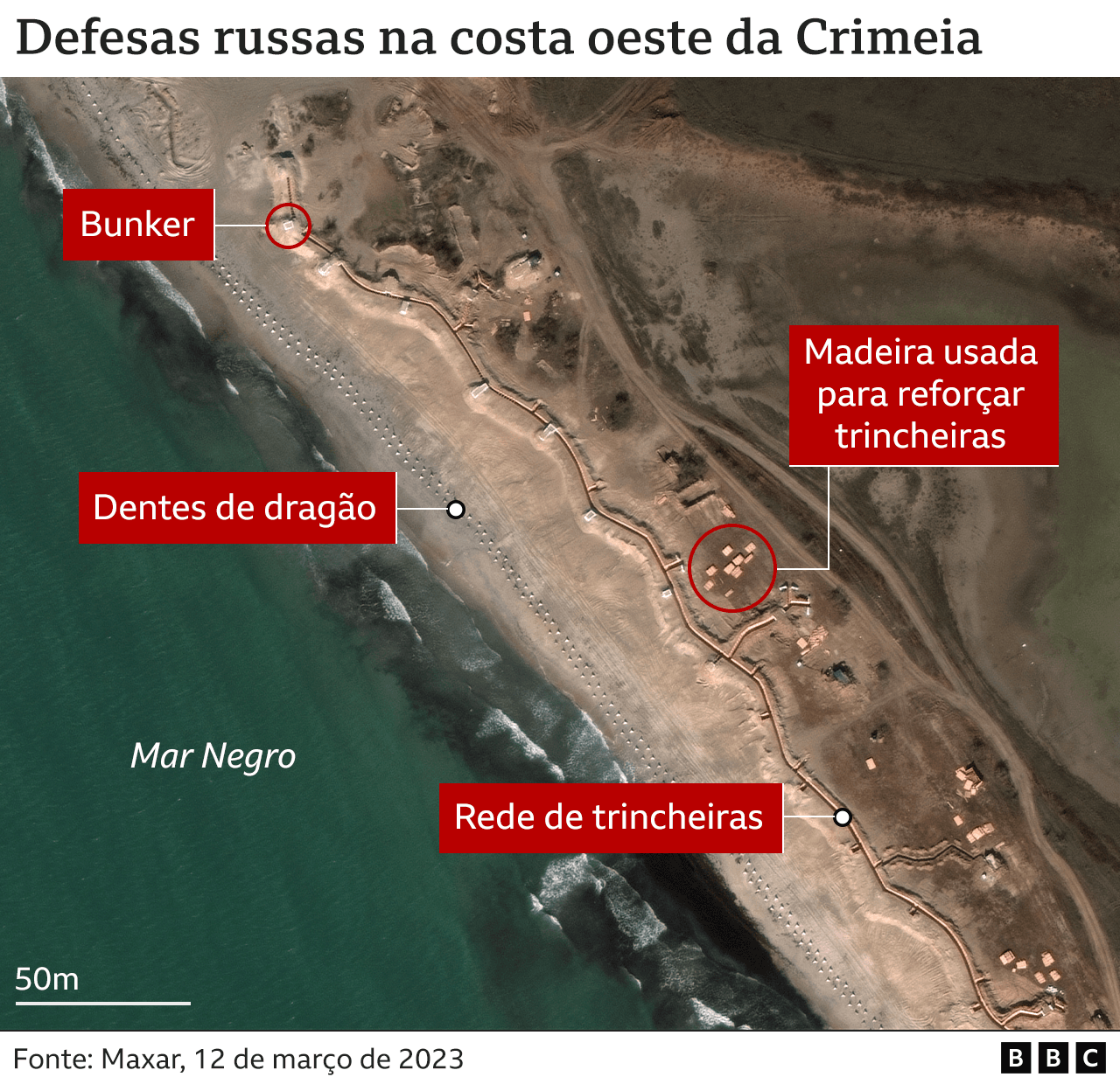 Imagem mostra defesas russas na costa oeste da Crimeia