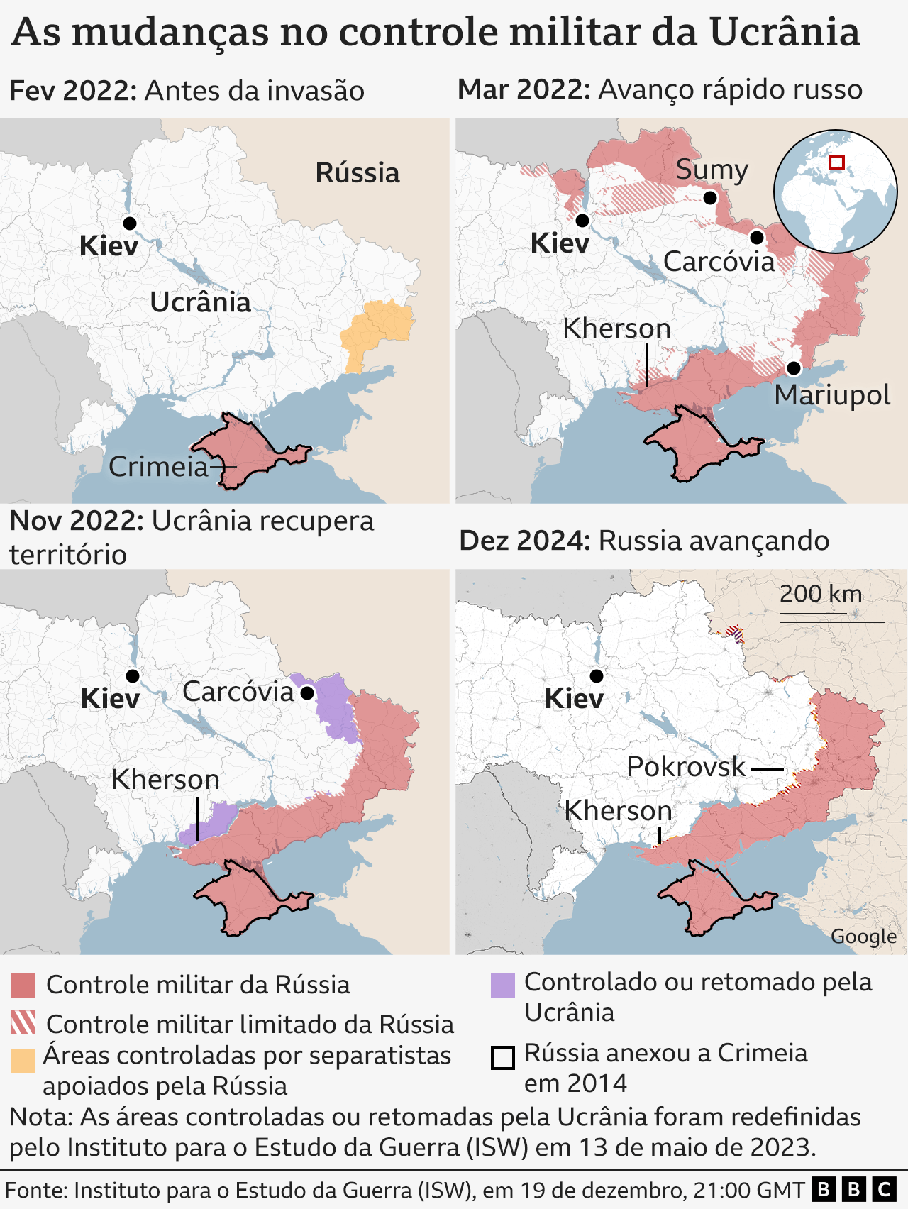 Quatro mapas diferentes que mostram como o controle militar da Ucrânia mudou. Ele mostra o avanço maciço da Rússia em março de 2022 e também as áreas mantidas ou recuperadas pela Ucrânia posteriormente.