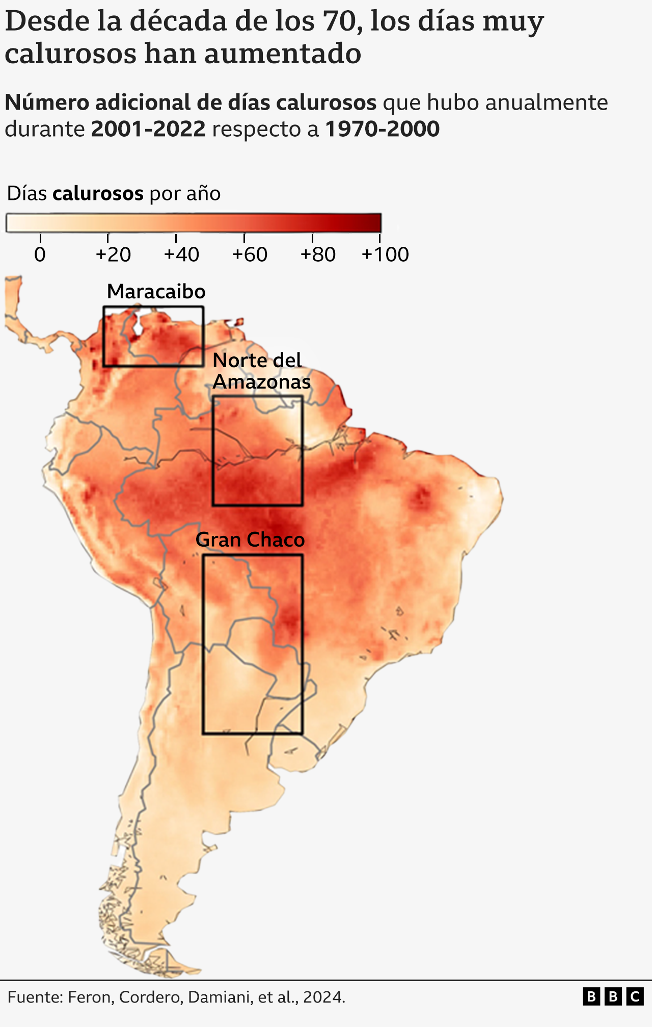 Mapa de Sudamérica mostrando que el número de días calurosos ha aumentado drásticamente en algunas regiones desde la década de los años 70. 