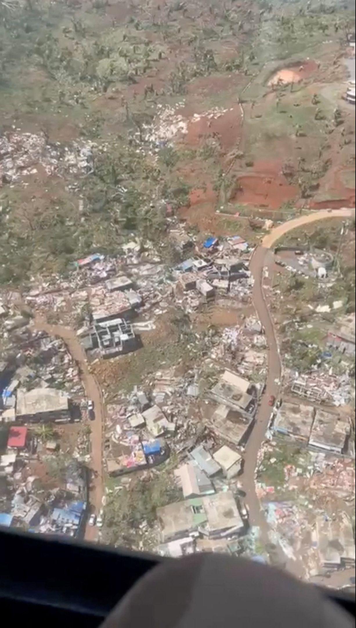 An aerial view of a devastated neighborhood in Mayotte