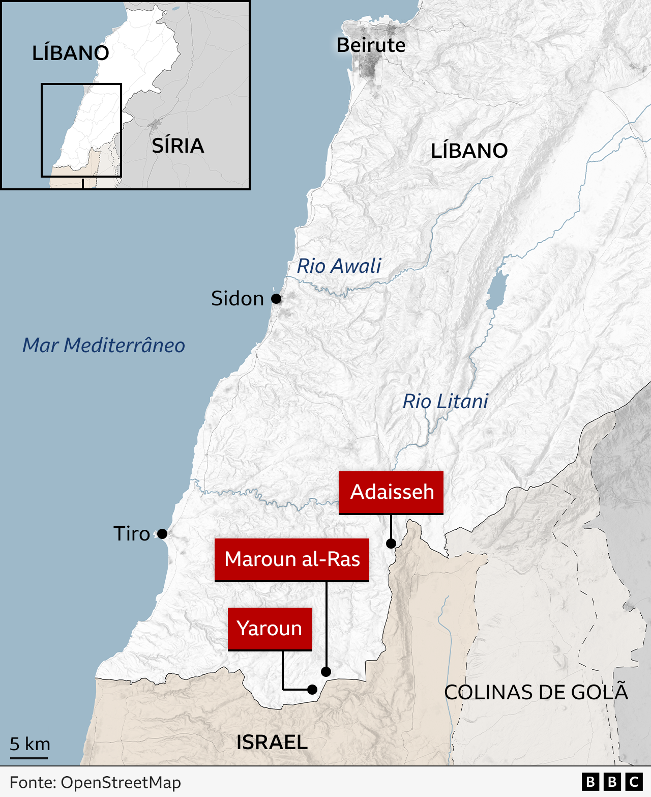 Mapa mostrando aldeias no sul do Líbano, além dos rios Litani e Awali.