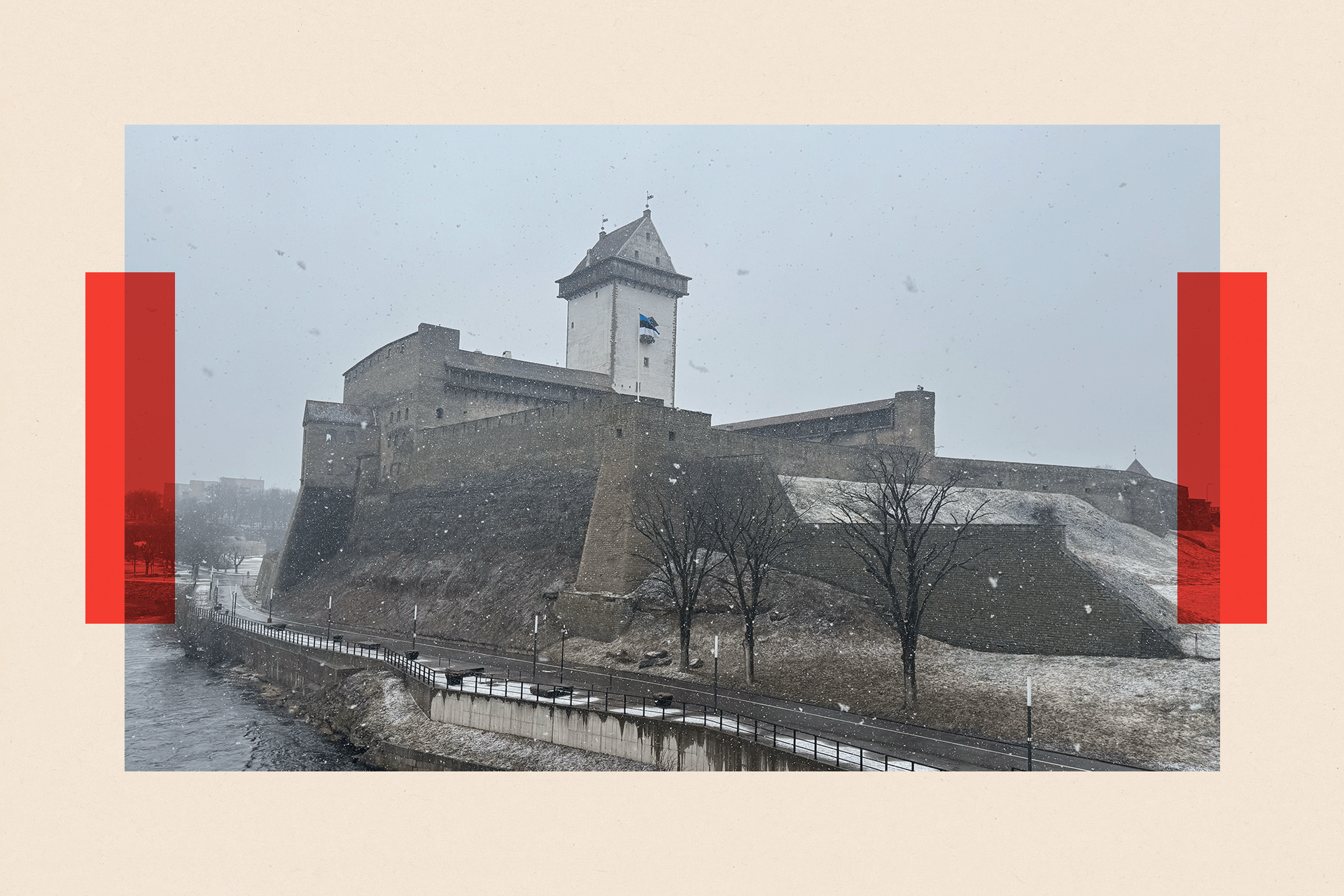 Narva city in Estonia, a snowy image by a river