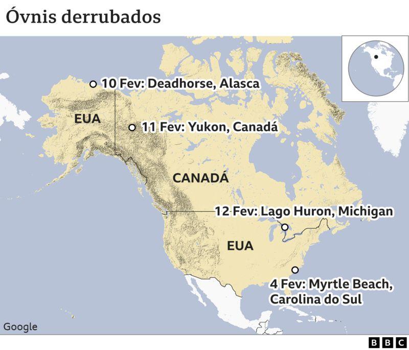 Mapa da América do Norte com 4 pontos onde objetos voadores foram abatidos