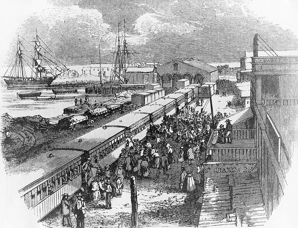 Uma litografia da chegada de passageiros no Panamá
