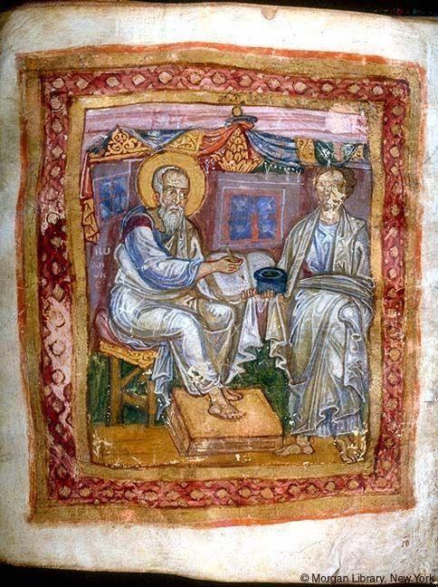 Ilustración de un manuscrito del siglo XI que representa al apóstol Juan y a Marción de Sinope.
