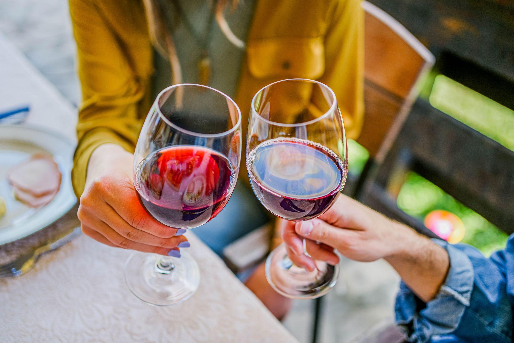 Dos mujeres brindan con dos copas de vino