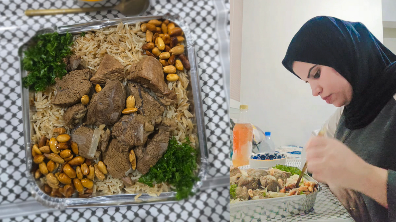 Fattah Ghazawimakanan khas Gaza berupa nasi dari beras basmati dengan rempah ditumpuk daging dan kacang-kacangan, serta taburan daun parsley.
