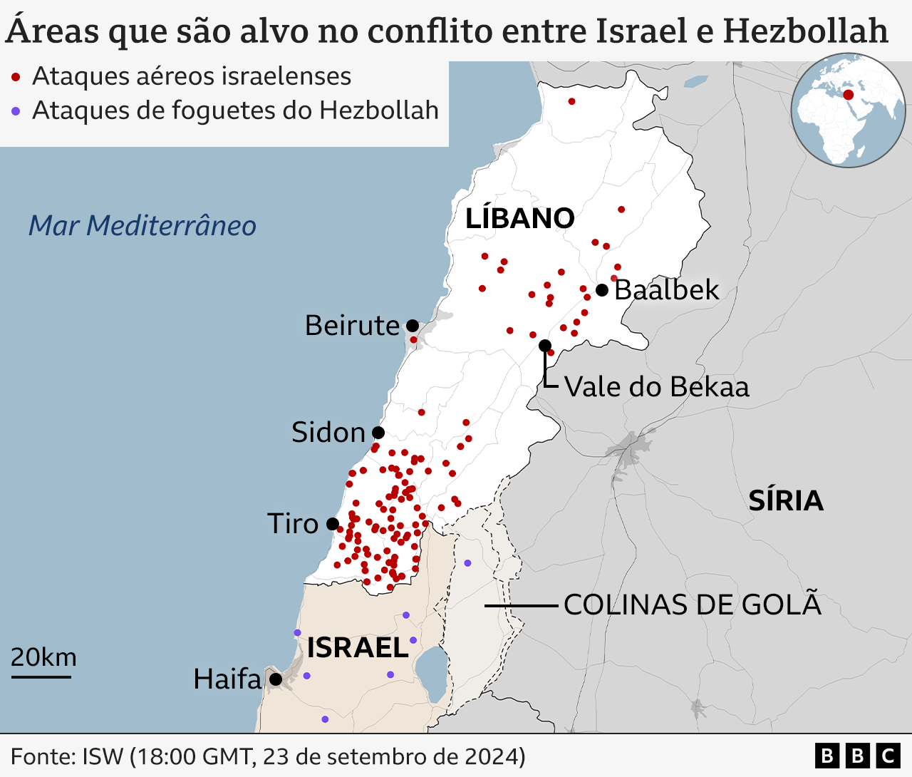 Mapa das áreas alvo do conflito entre Israel e o Hezbollah.