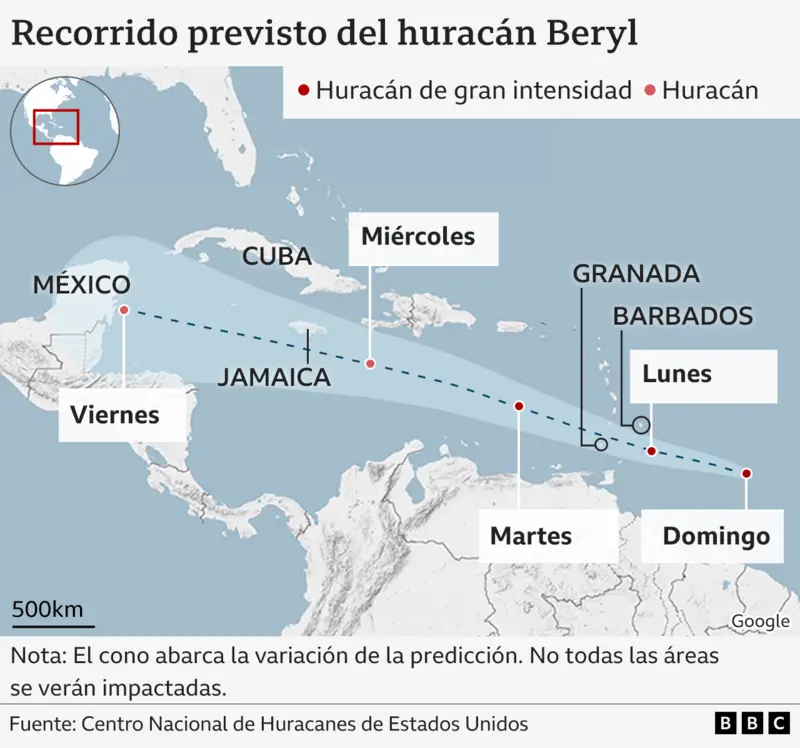Mapa que muestra el recorrido previsto del huracán Beryl