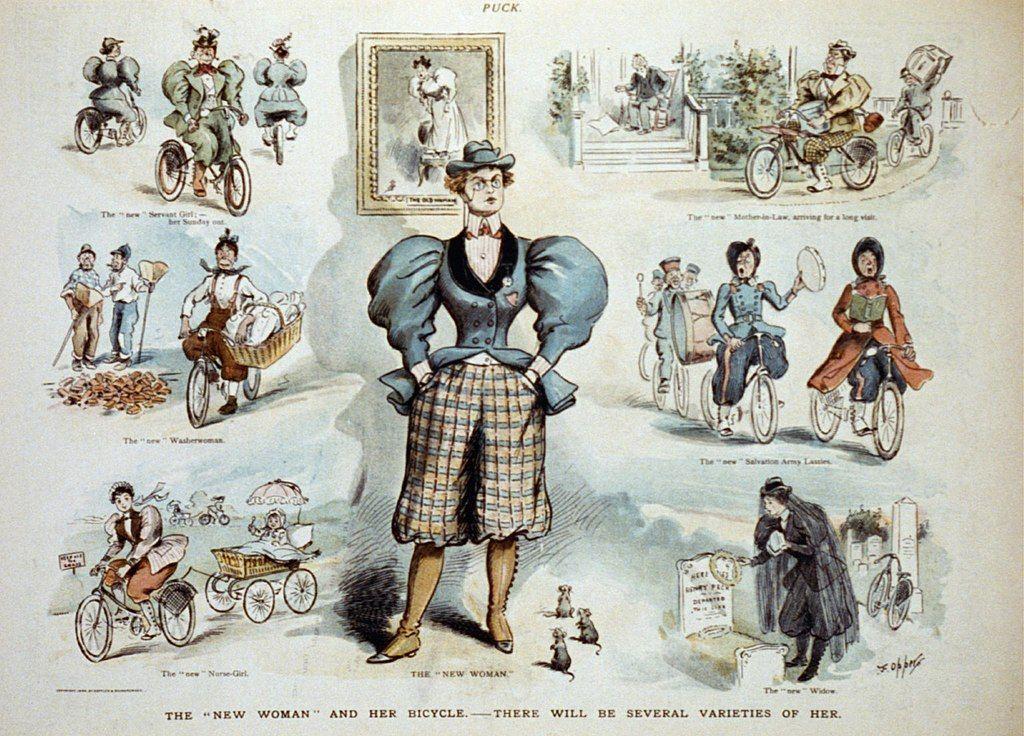 Ilustración de mujeres usando la bicicleta para varias actividades