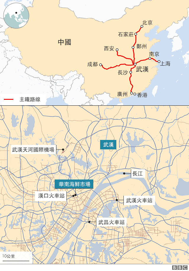 地圖：武漢交通網路與新冠病毒疫情相關地點