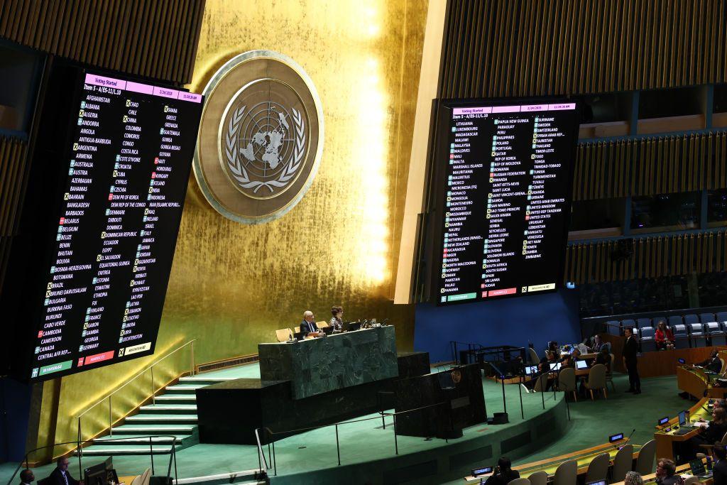 Panel con los resultados de las votaciones en la sede de Naciones Unidas en Nueva York. 