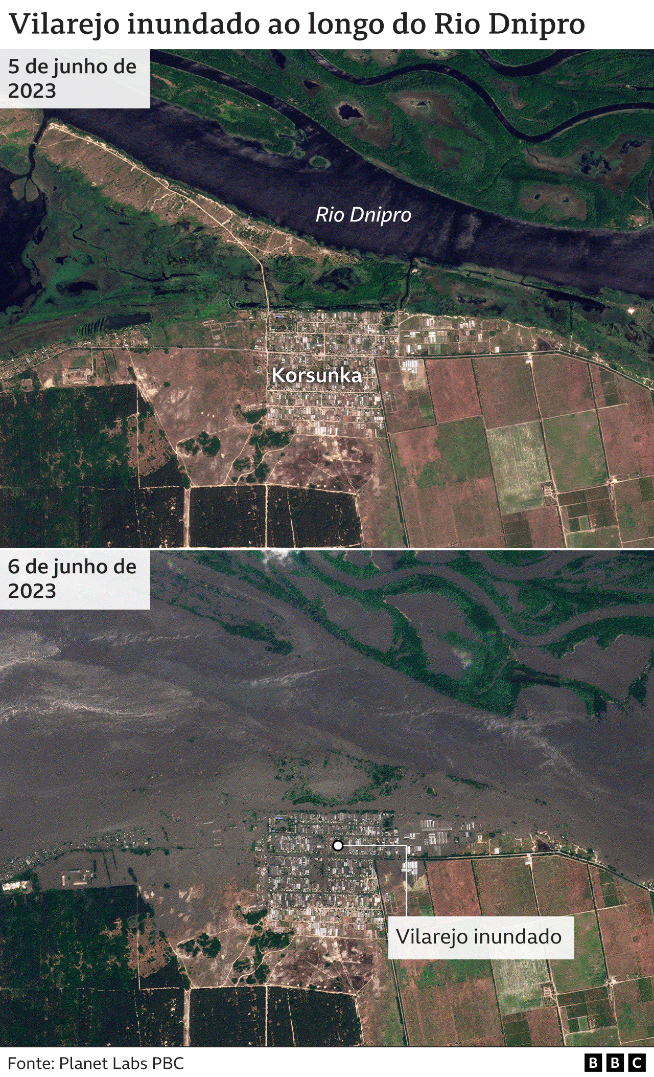 Imagens de satélite mostram danos no vilarejo de Korsunka