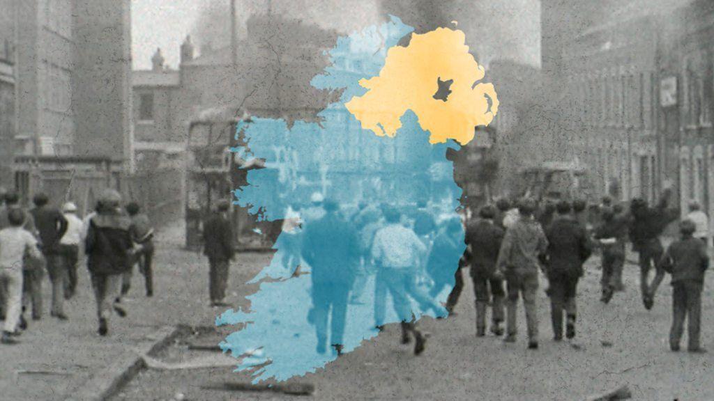 Un foto montaje del mapa de Irlanda y los disturbios de los años 80 y 90