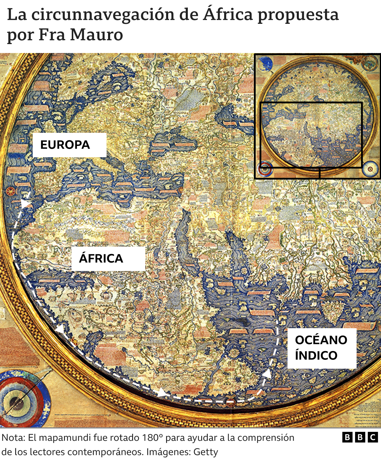 En este mapa se muestra una ruta que sale de Portugal y culmina en el Océano Índico, rodeando el continente africano.