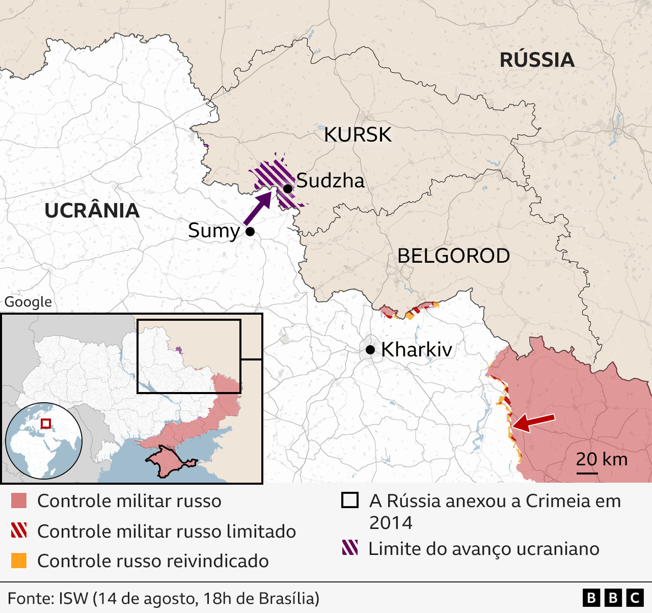 Mapa mostra avanço ucraniano sobre Kursk