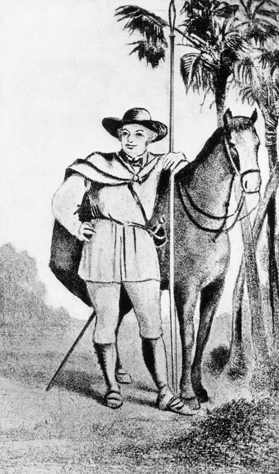 Ilustración de Páez joven al lado de un caballo y con una lanza en la mano