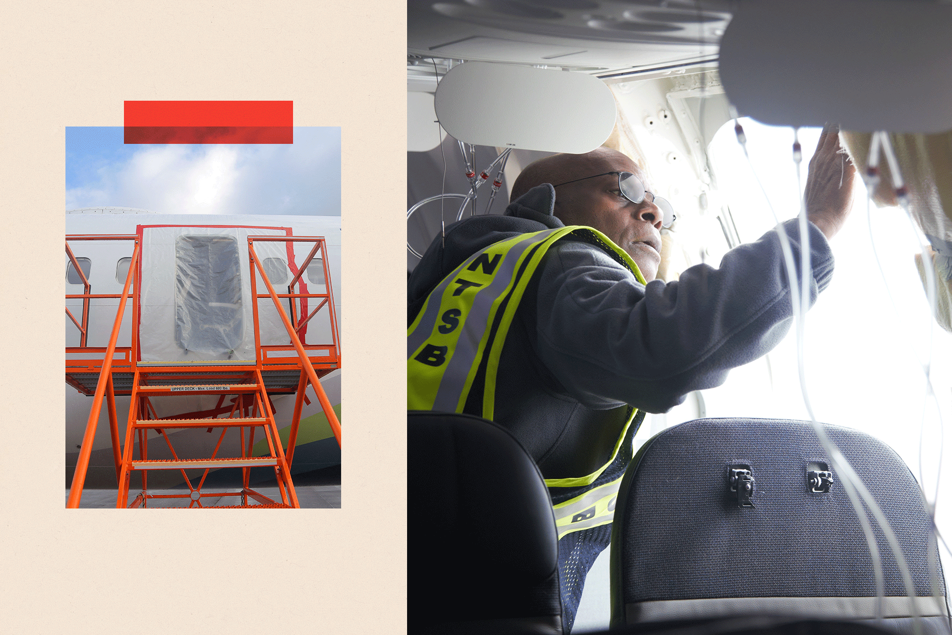 A part of a plane being inspected by an employee in a yellow high-vis jacket