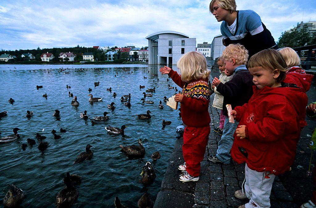 Niños pequeños alimentando a unos patos.