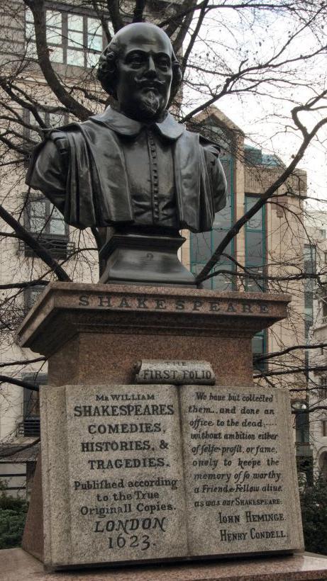 Un monumento en Londres, con el busto de Shakespeare que conmemora a John Heminges y Henry Condell