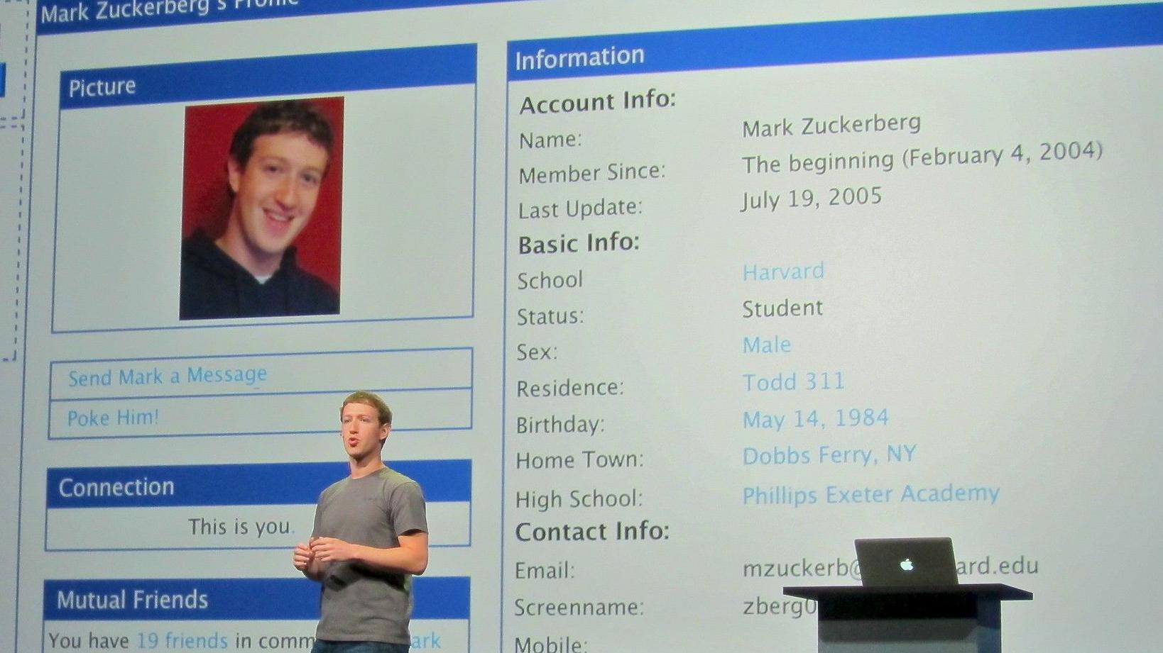 Mark Zuckerberg junto a su primera página de Facebook