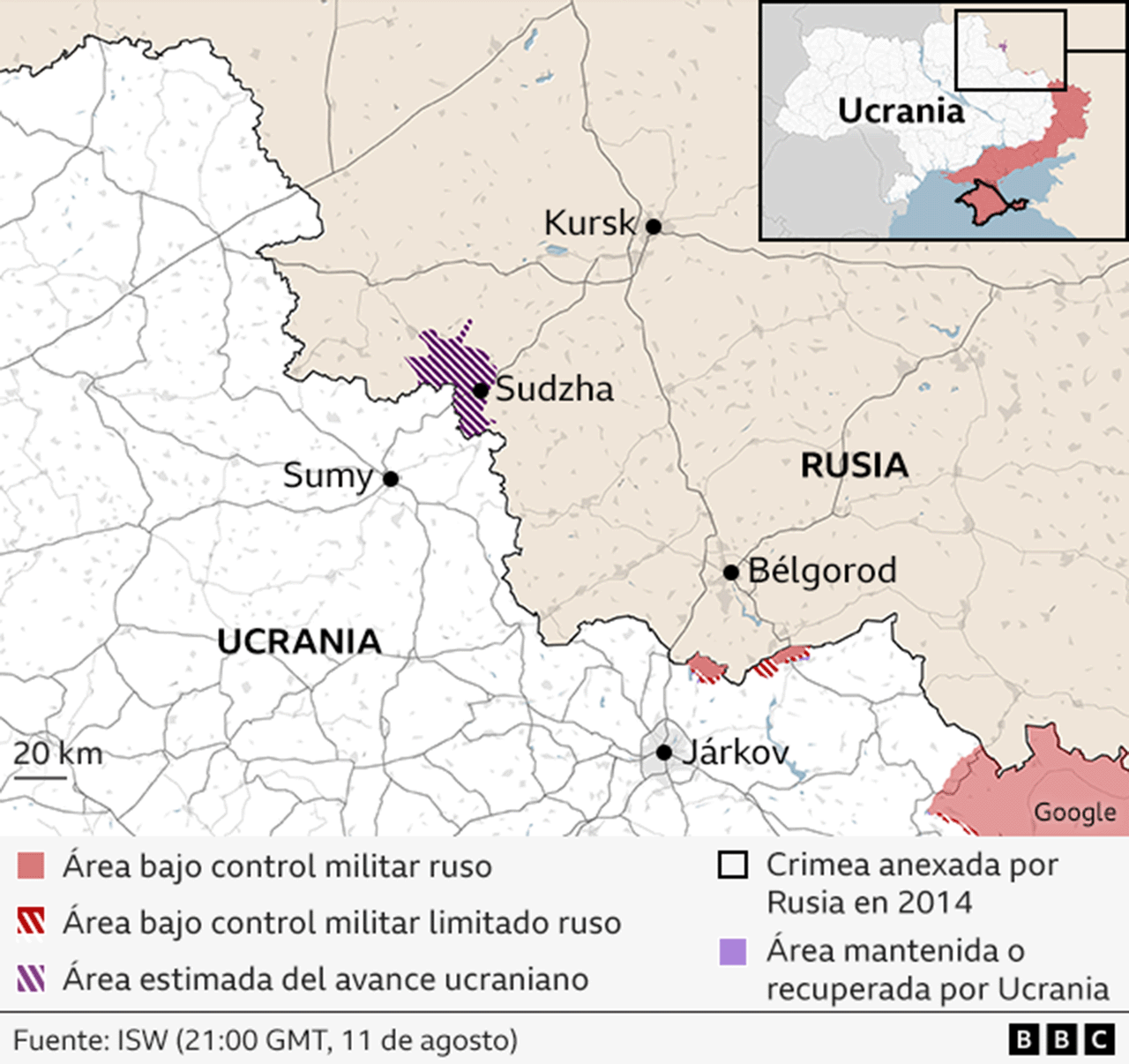 Gráfico donde se ve la zona que las fuerzas ucranianas han ocupado dentro de Rusia