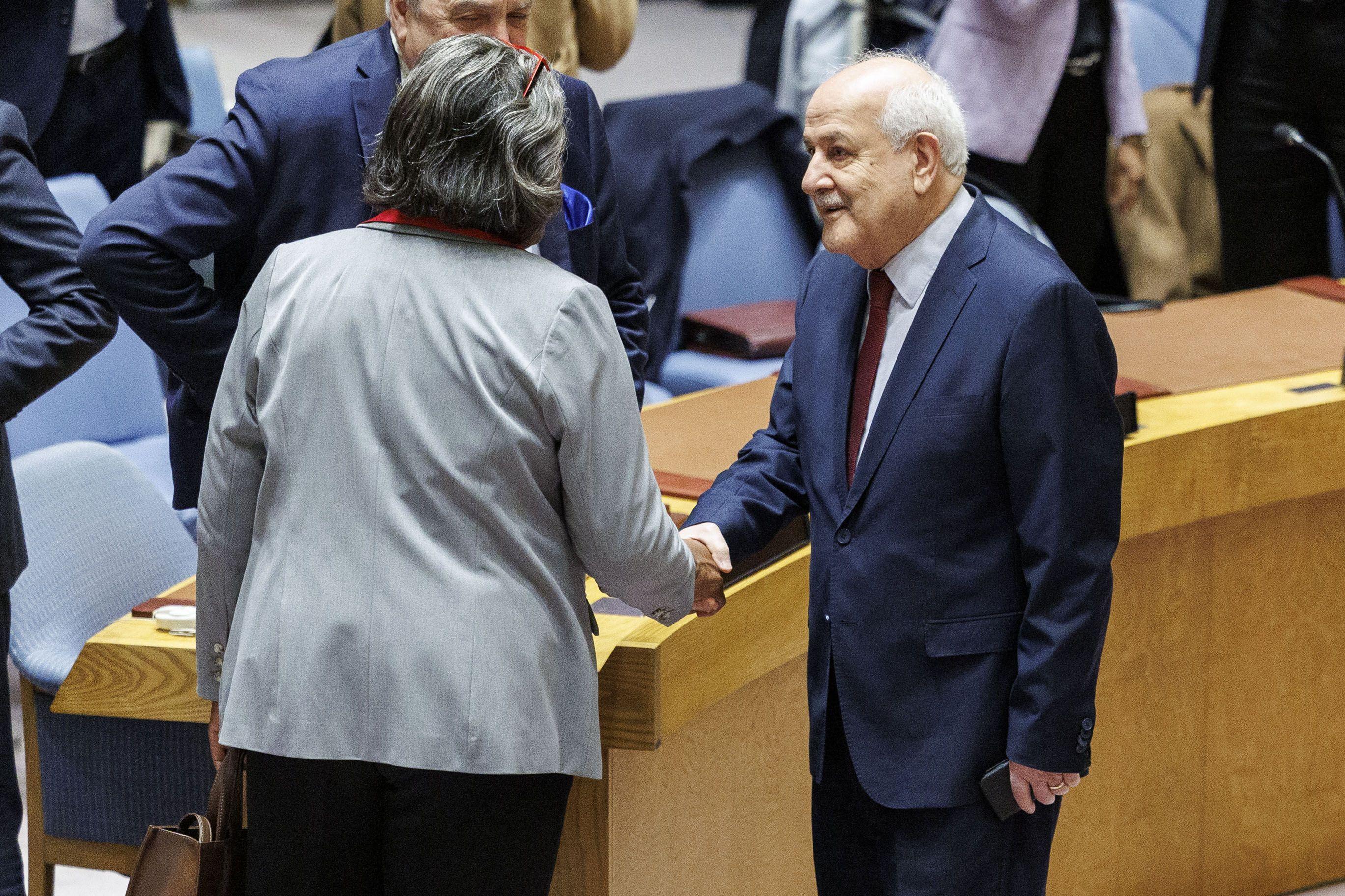 السفير الفلسطيني رياض منصور يصافح السفيرة الأمريكية في مجلس الأمن.